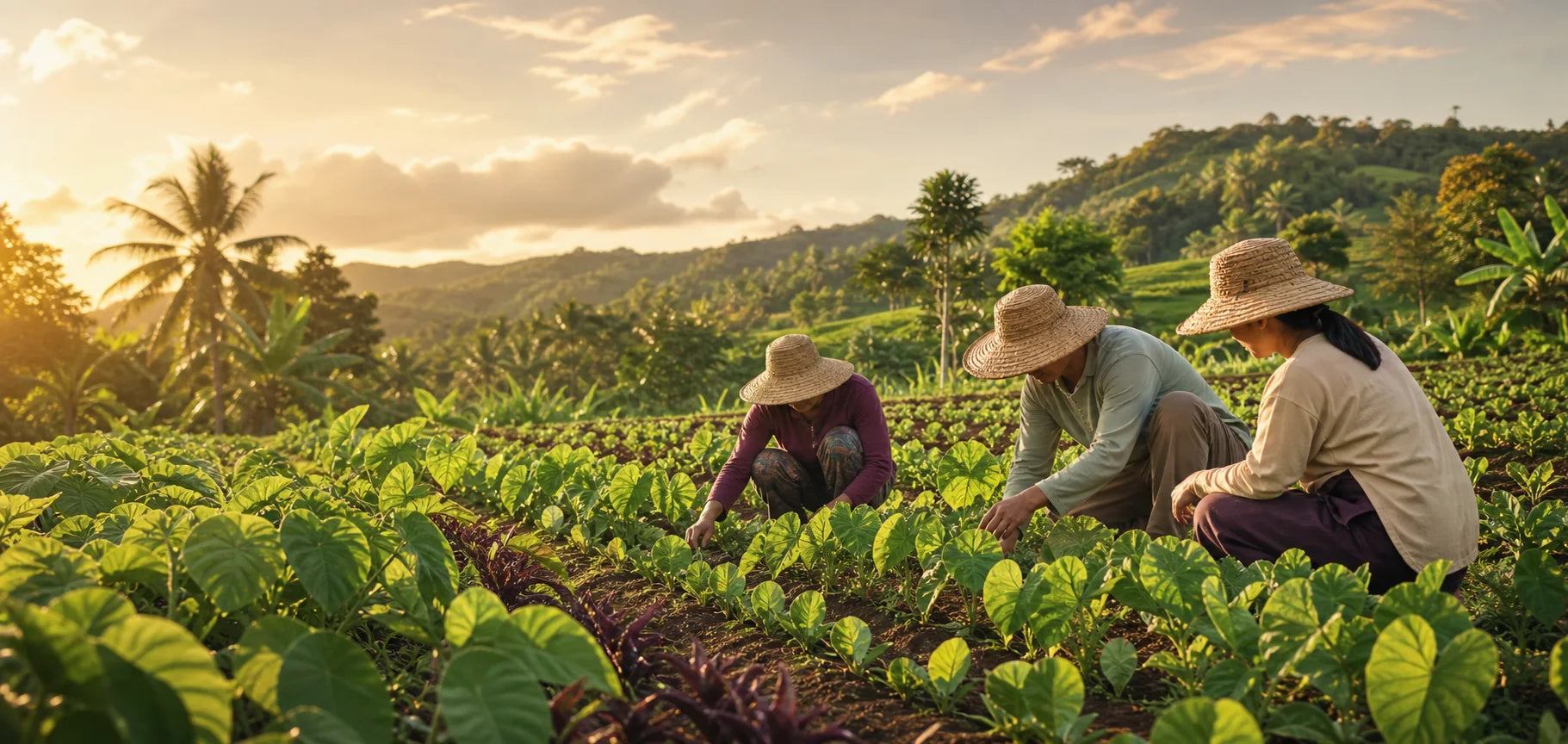 Illustration of people working in a tropical small-scale field