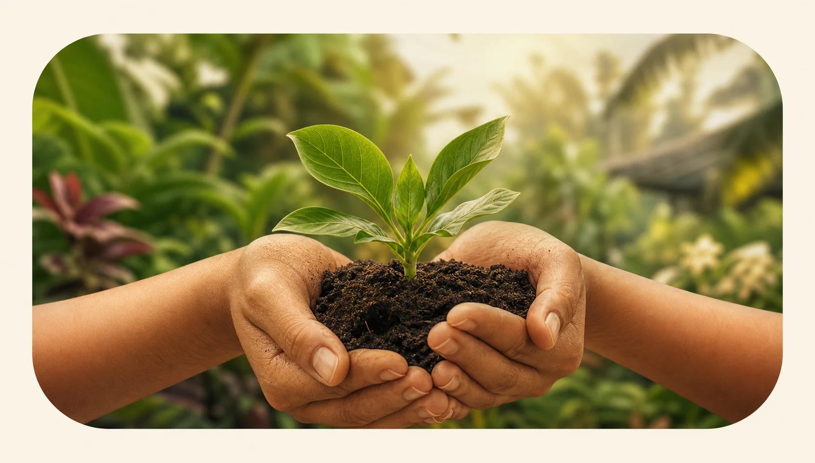 Illustration of hands holding a young seedling